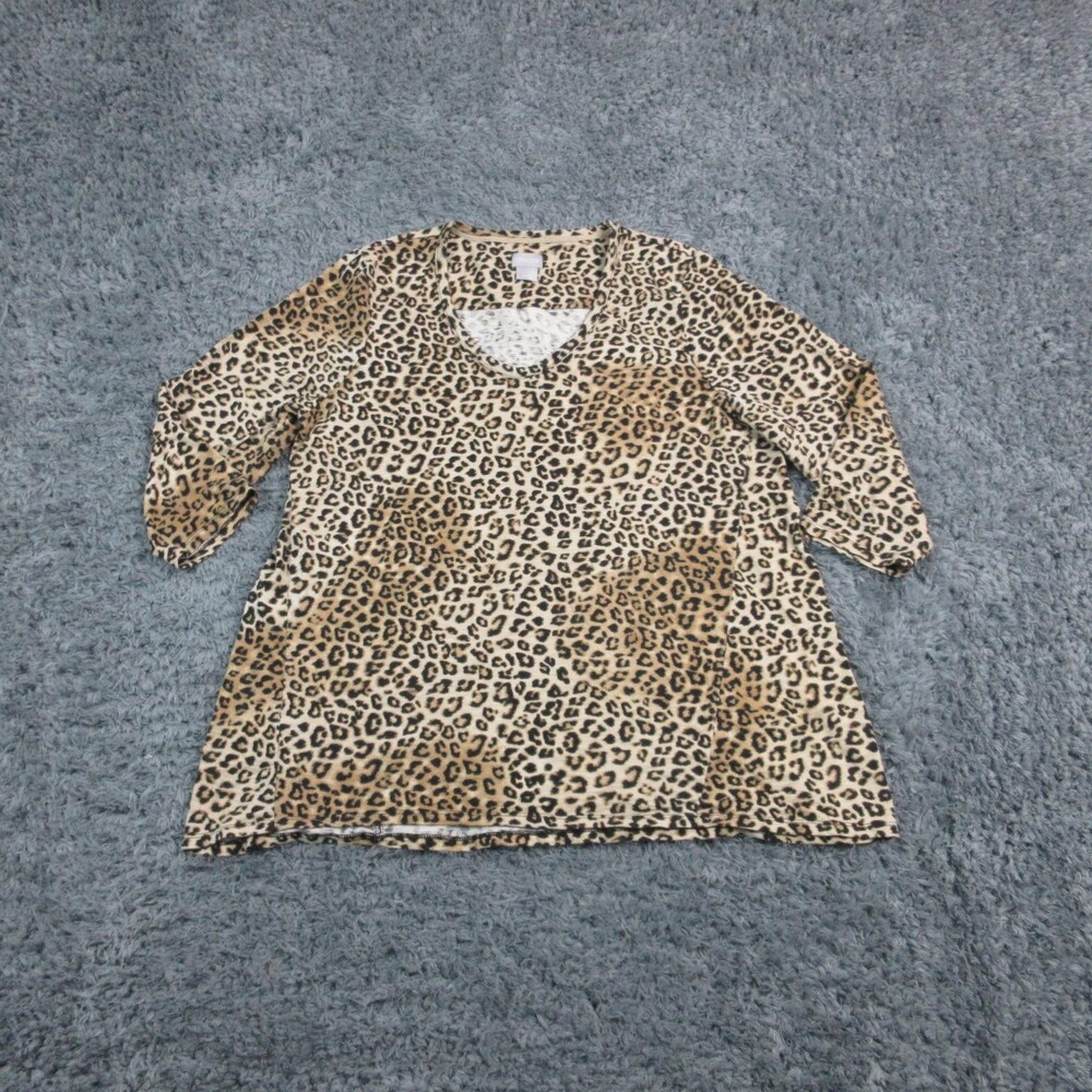 Chico's Shirt Womens Large Leopard Print 3/4 Sleeve Tunic Cotton Modal V Neck